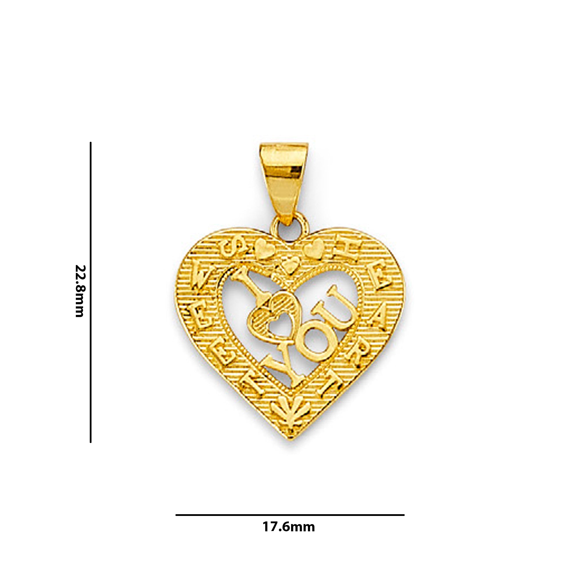 Yellow Gold I Love You Sweetheart Open Heart Pendant  with Measurement