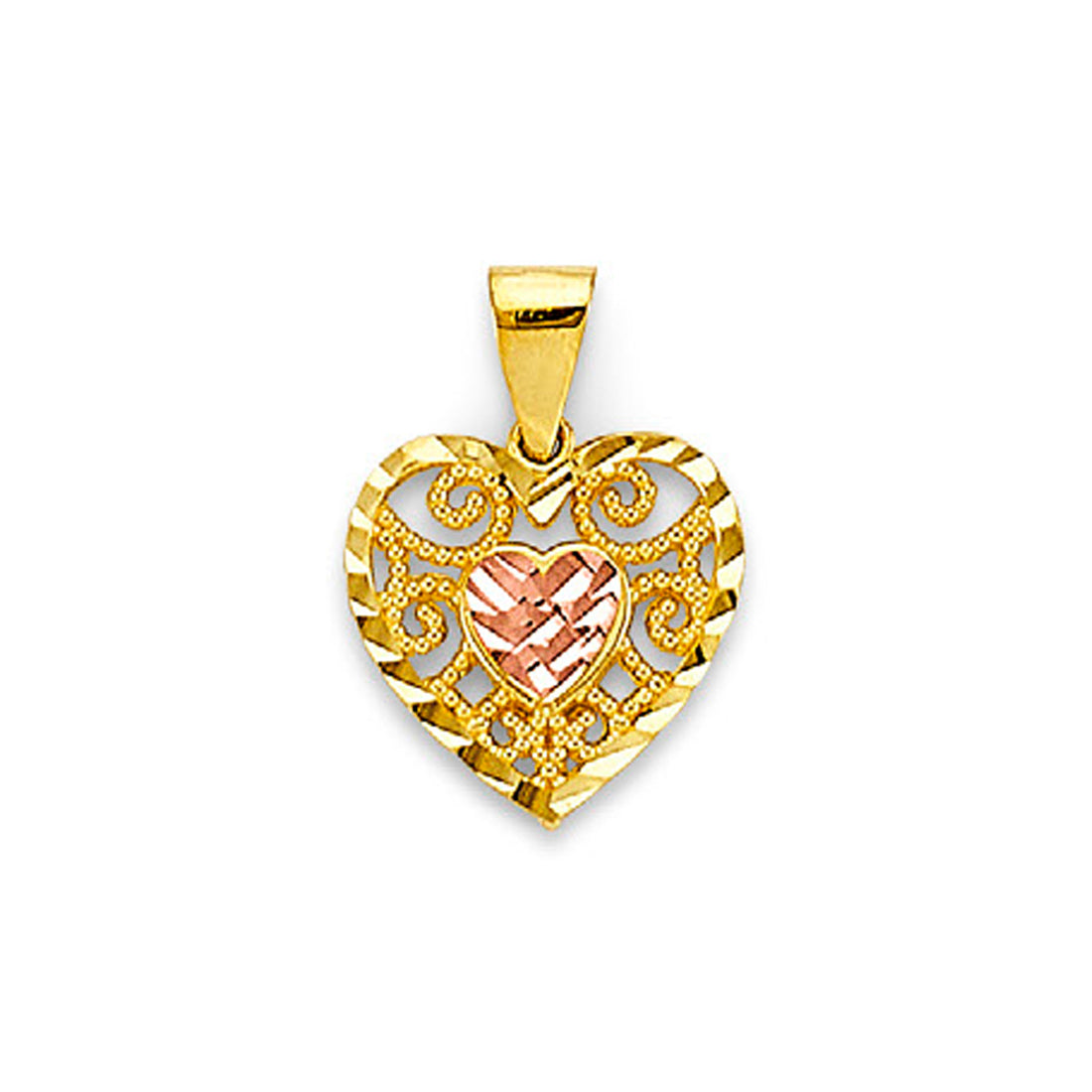 Two Tone Gold Fancy Open Heart Filigree Pendant 