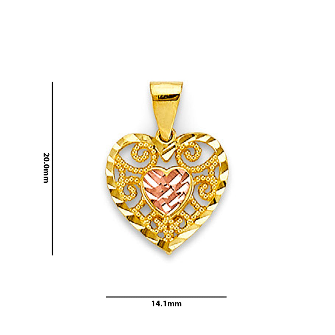 Two Tone Gold Fancy Open Heart Filigree Pendant  with Measurement