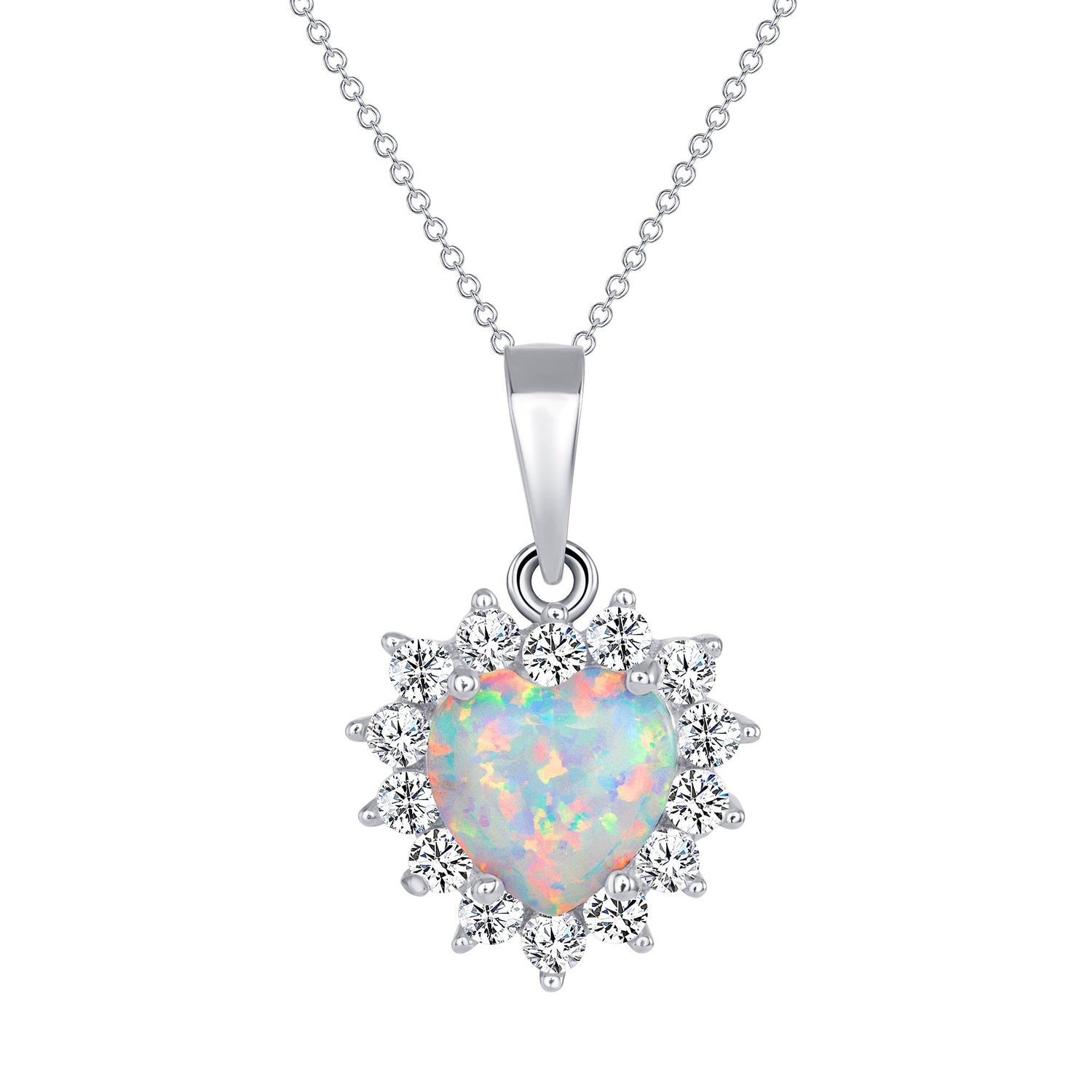 925 Sterling Silver Heart Cut Opal with Round Cut CZ Pointed Halo Pendant &amp; Stud Earrings Jewelry Set