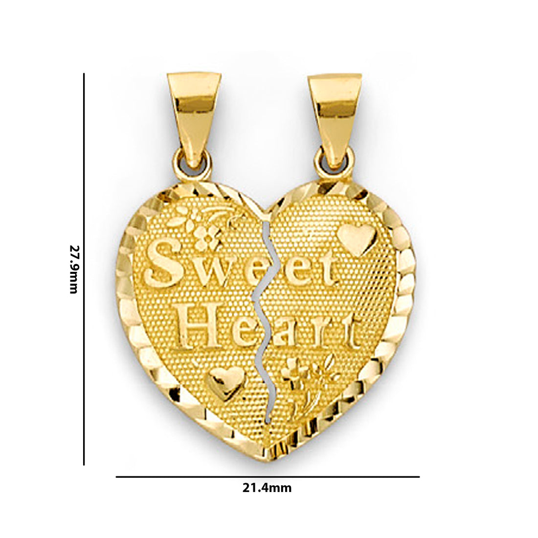 Yellow Gold Sweet Heart Design Heart Shape Break Apart Pendant  with Measurement