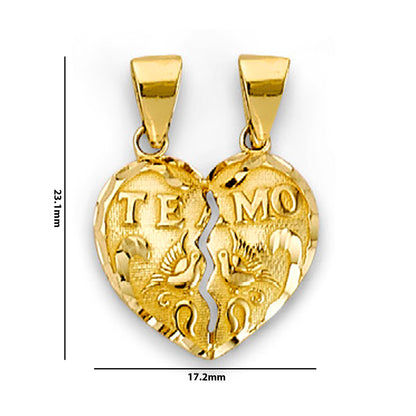 Yellow Gold Birds and Te Amo Heart Shape Break Apart Pendant  with Measurement