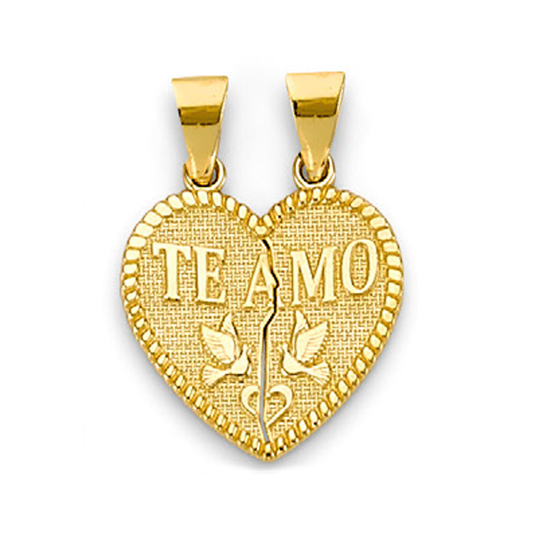 Yellow Gold Te Amo Heart and Birds Heart Shape Break Apart Pendant