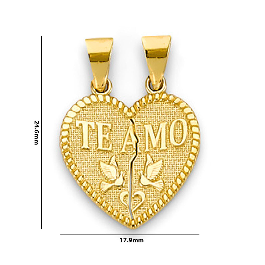 Yellow Gold Te Amo Heart and Birds Heart Shape Break Apart Pendant with Measurement