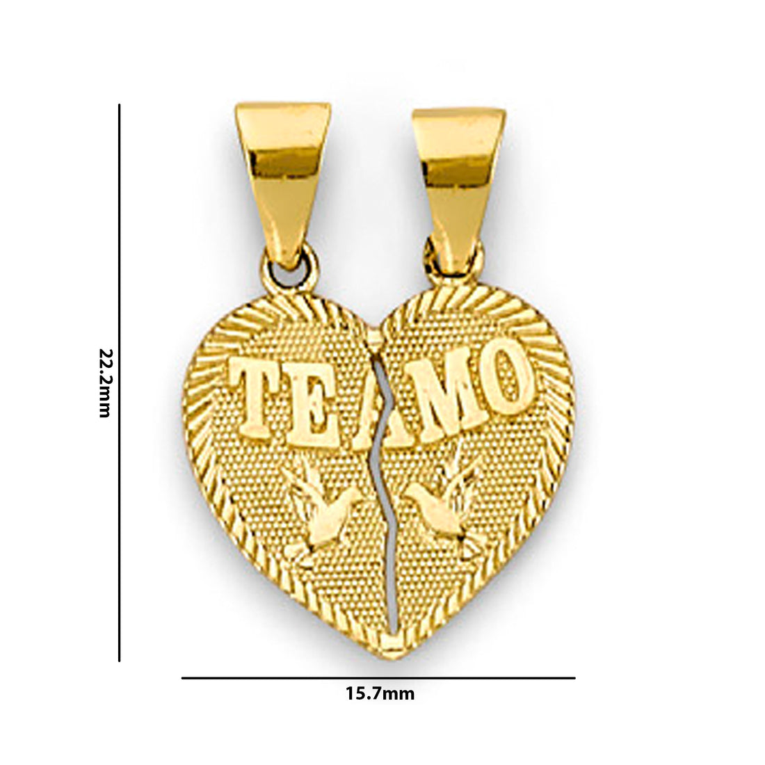 Yellow Gold Te Amo Two Birds Heart Shape Break Apart Pendant with Measurement