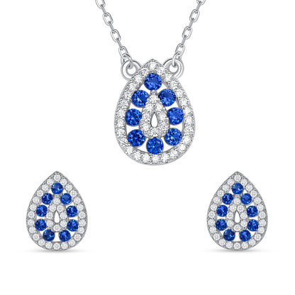 925 Sterling Silver Round Cut Blue &amp; White CZ Alternating Rows Teardrop Pendant &amp; Earrings Jewelry Set