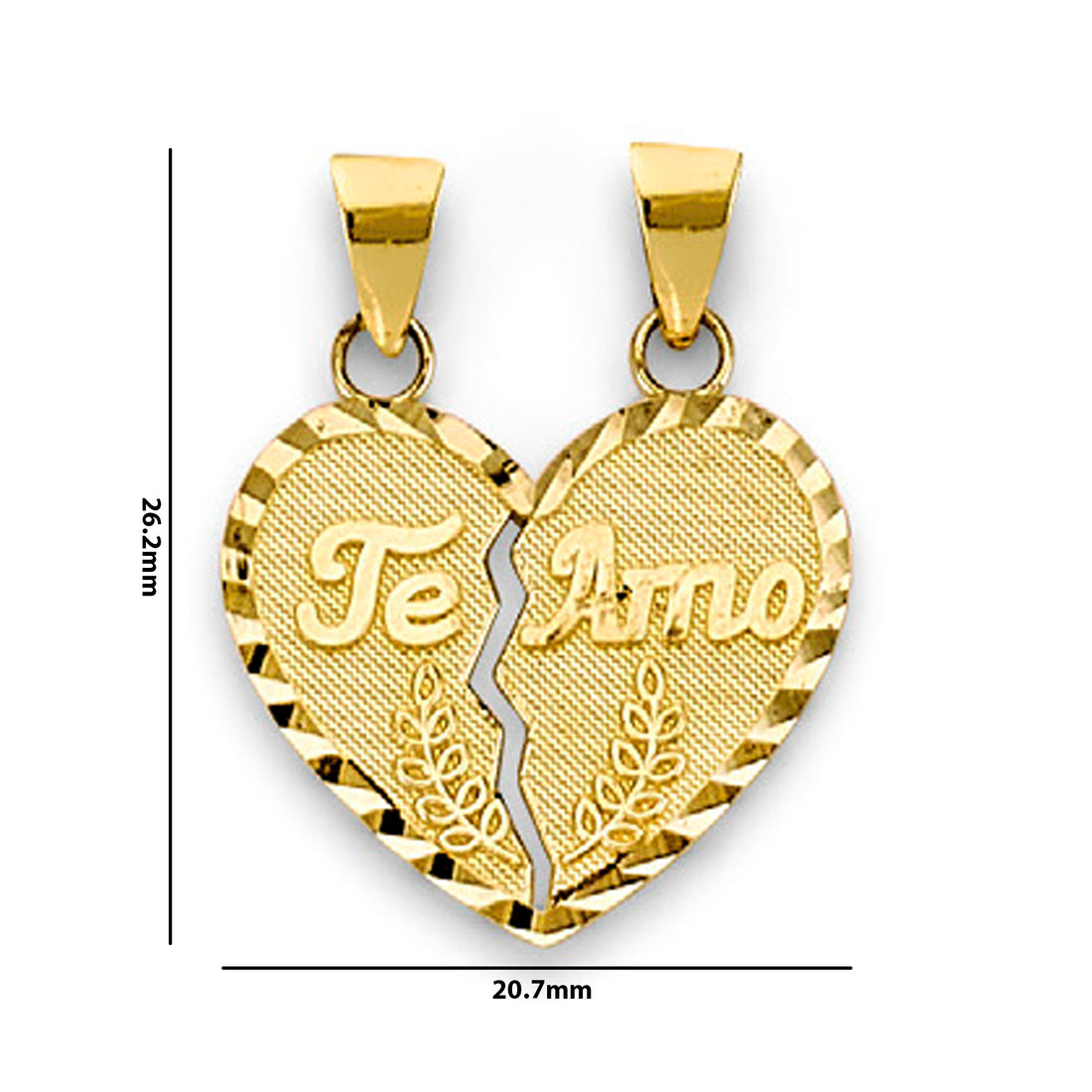 Yellow Gold Te Amo Leaves Heart Shape Break Apart Pendant with Measurement