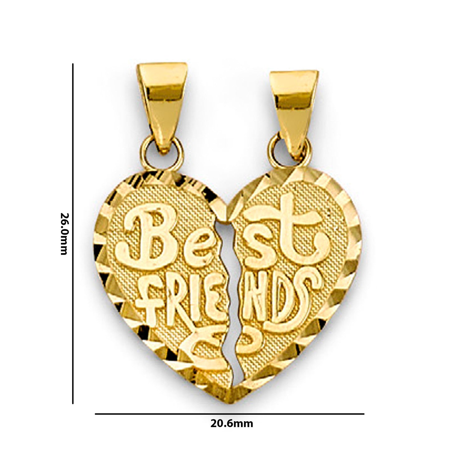 Yellow Gold Best Friends Heart Shape Break Apart Pendant with Measurement