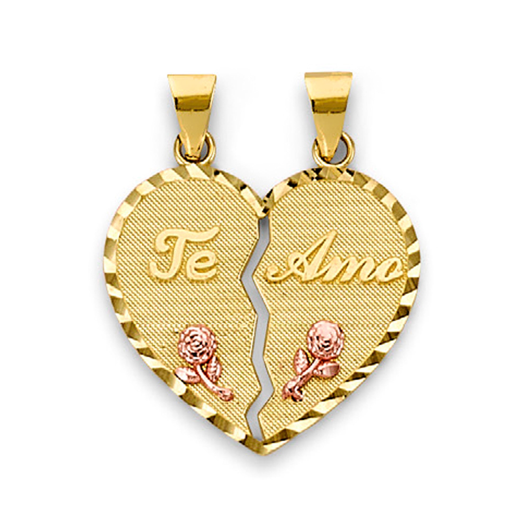 Two Tone Gold Cursive Te Amo Floral Heart Shape Break Apart Pendant