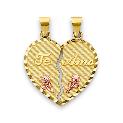 Two Tone Gold Cursive Te Amo Floral Heart Shape Break Apart Pendant