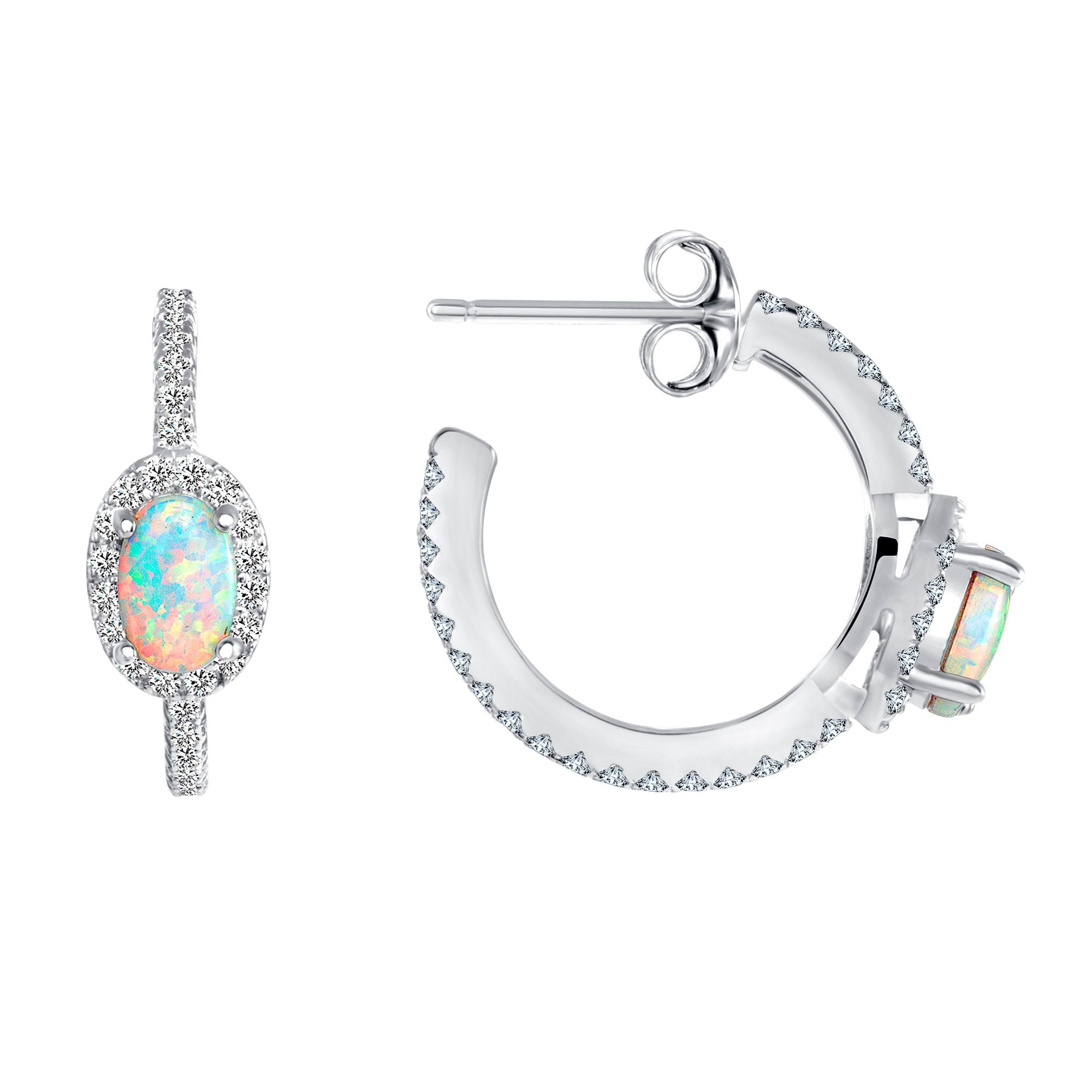 925 Sterling Silver Opal with CZ Halo &amp; Accents C-Hoop Earrings
