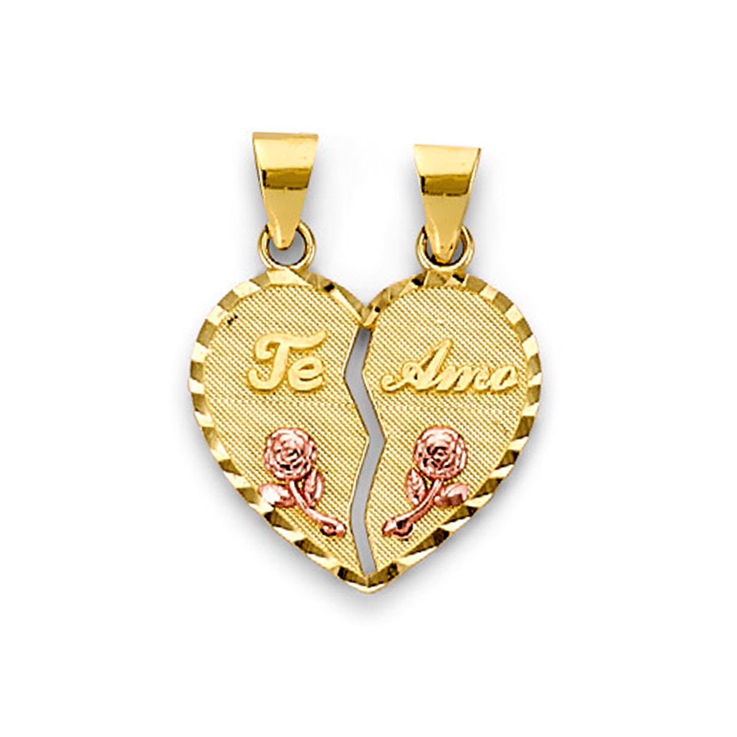 Two Tone Gold Cursive Te Amo Floral Heart Shape Break Apart Pendant