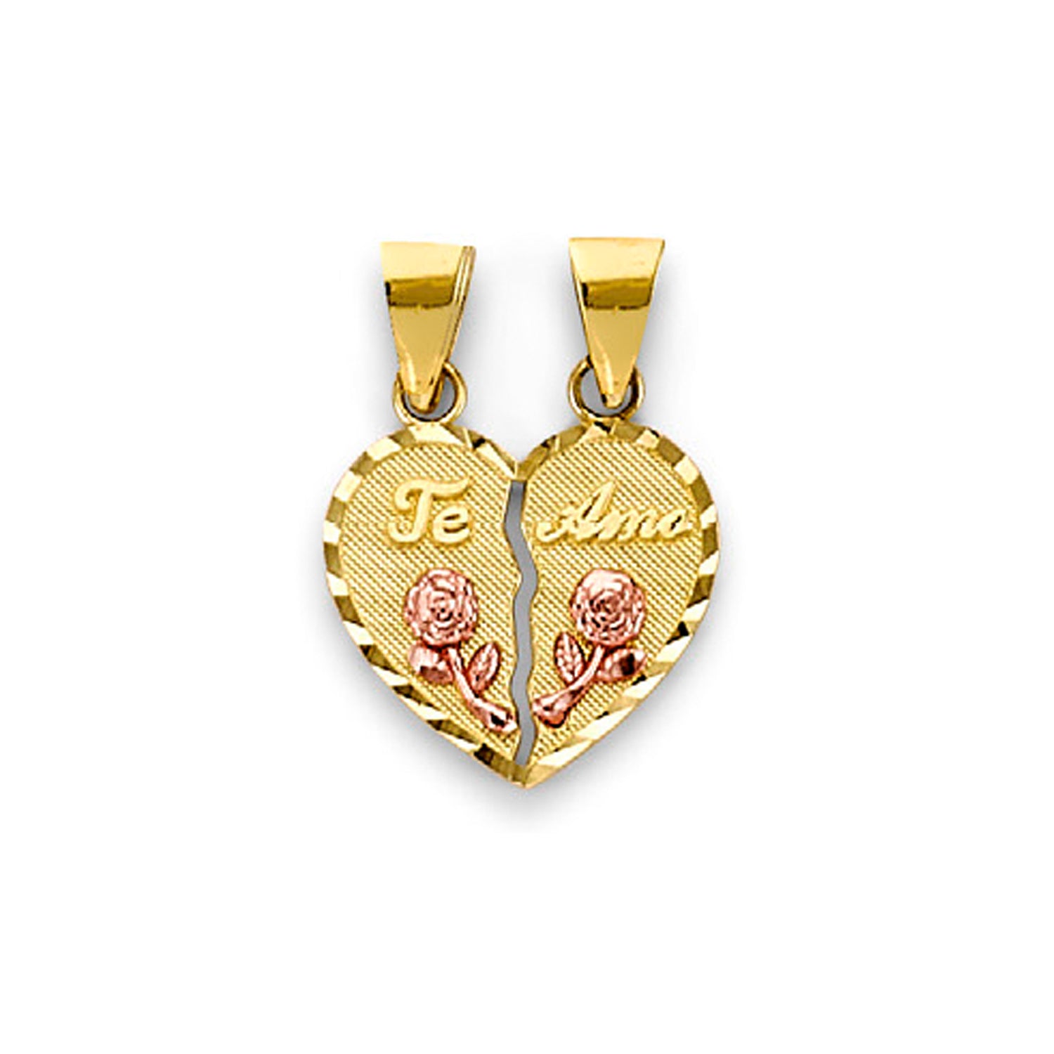 Two Tone Gold Cursive Te Amo Floral Heart Shape Break Apart Pendant