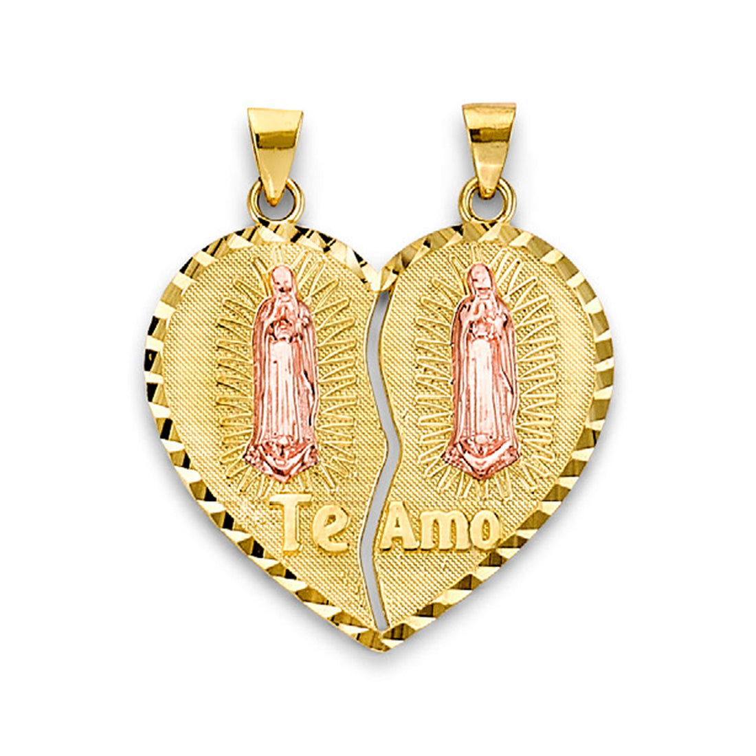 Two Tone Gold Virgin Mary Te Amo Heart Shape Break Apart Pendant