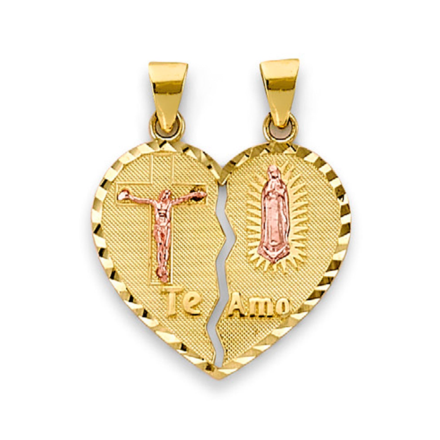 Two Tone Gold Virgin Mary and Jesus Te Amo Heart Shape Break Apart Pendant