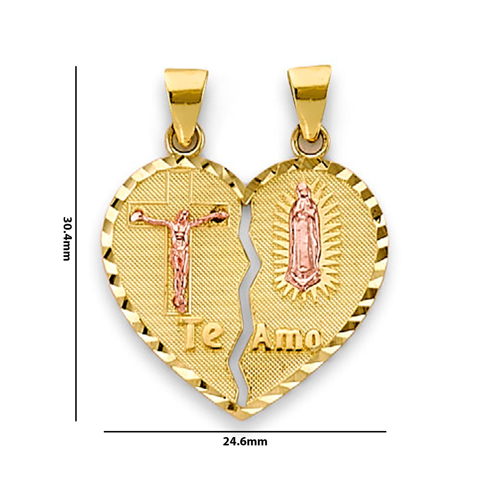 Two Tone Gold Virgin Mary and Jesus Te Amo Heart Shape Break Apart Pendant with Measurement