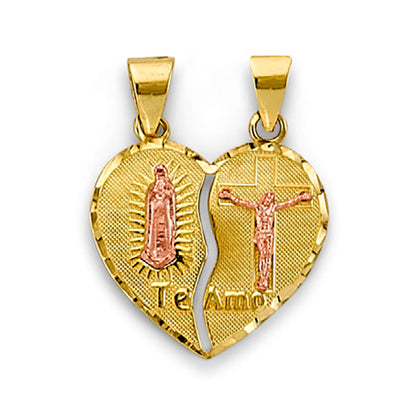 Two Tone Gold Virgin Mary and Crucifix Te Amo Heart Shape Break Apart Pendant