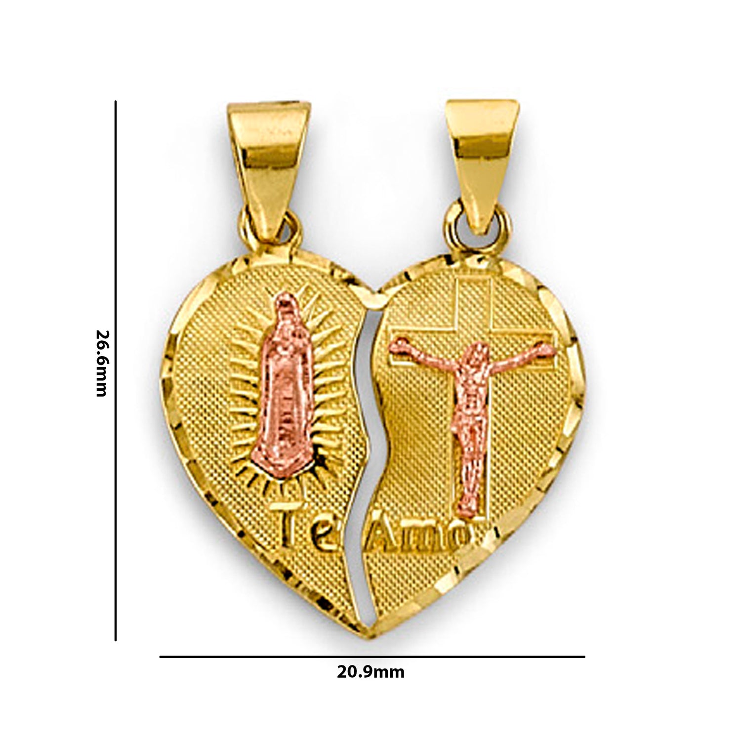 Two Tone Gold Virgin Mary and Crucifix Te Amo Heart Shape Break Apart Pendant with Measurement