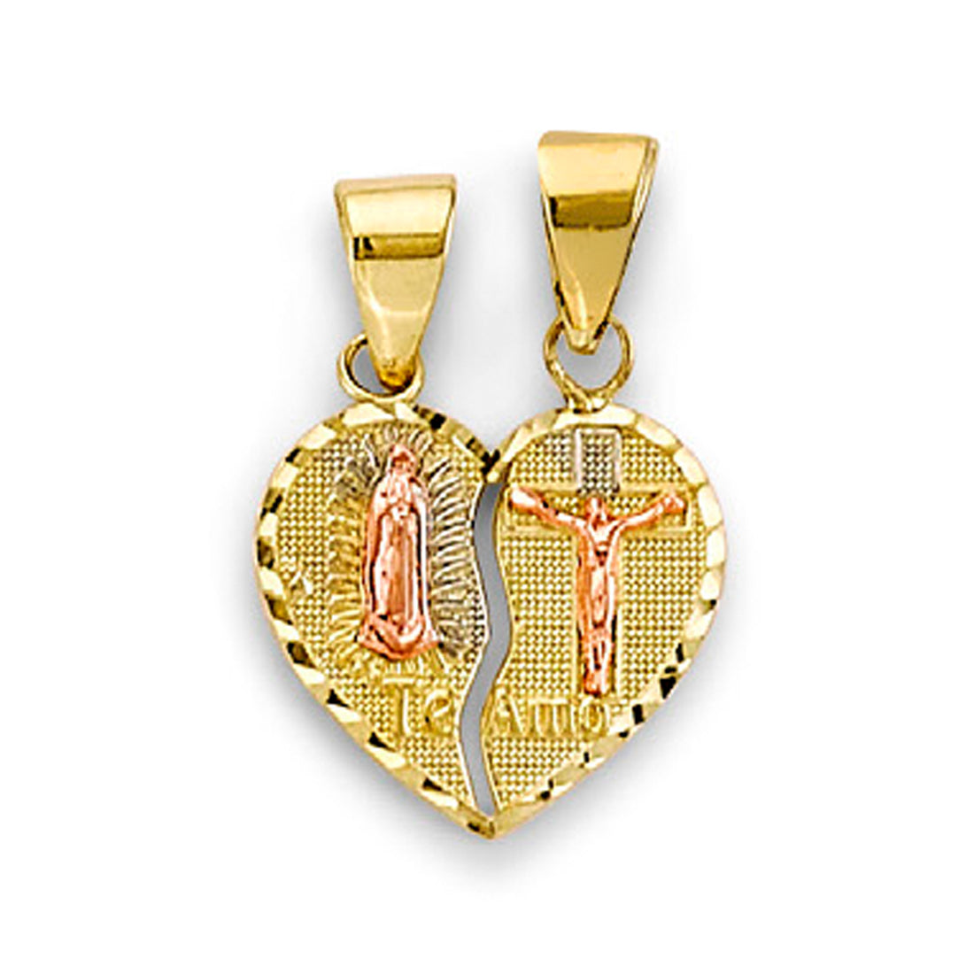 Two Tone Gold Virgin Mary and Jesus Te Amo Heart Shape Break Apart Religious Pendant