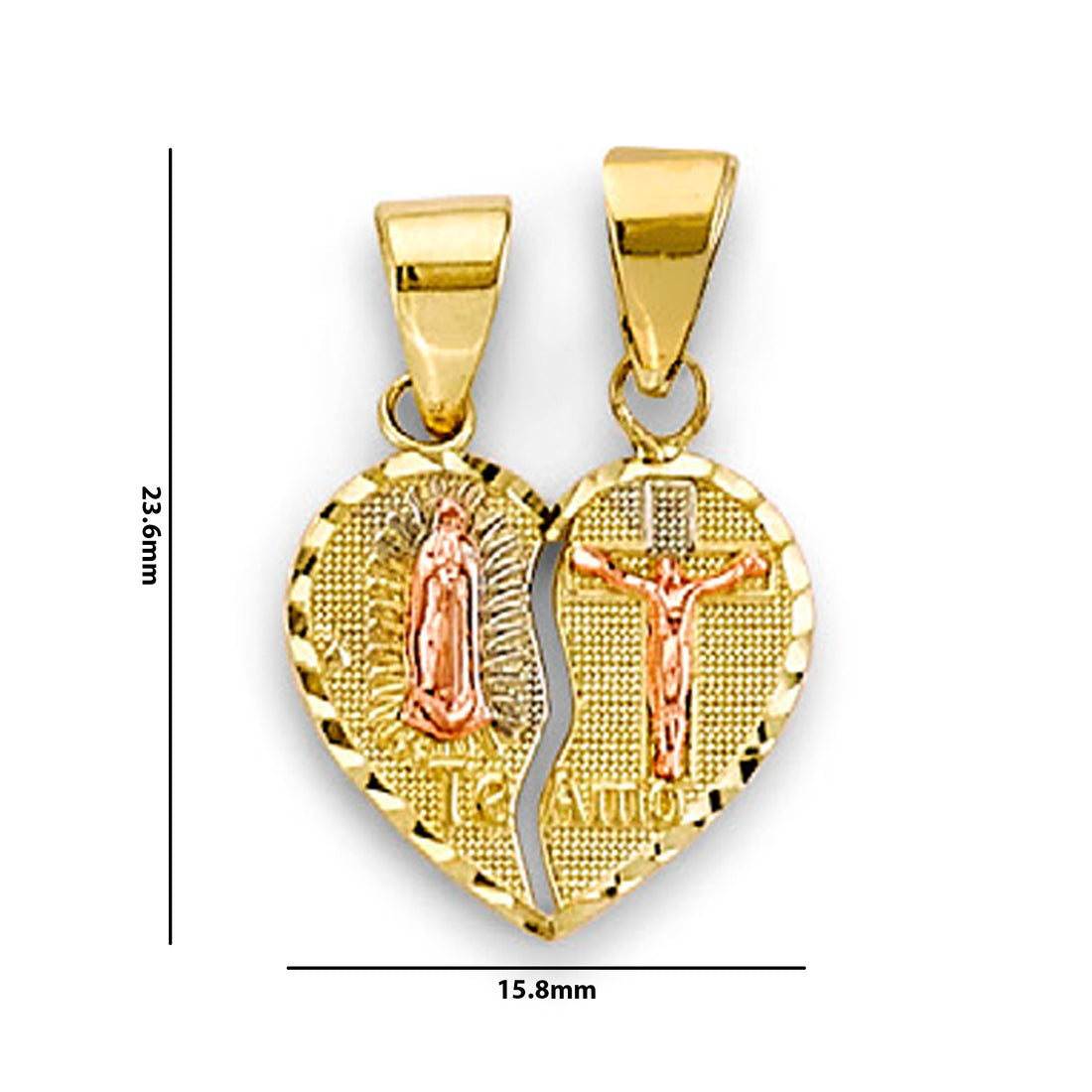 Two Tone Gold Virgin Mary and Jesus Te Amo Heart Shape Break Apart Religious Pendant with Measurement