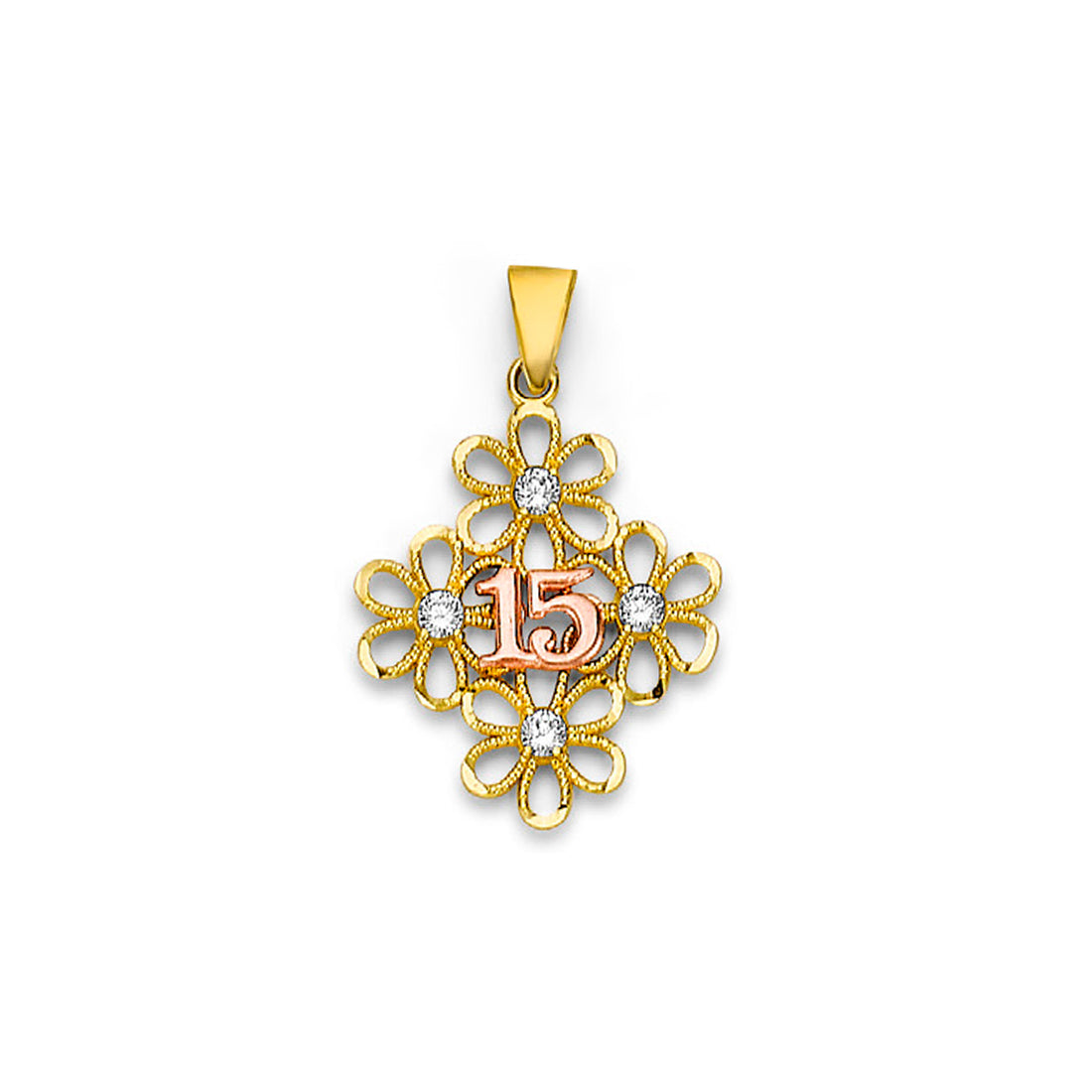 Two Tone Gold Floral Round CZ Quinceañera Pendant