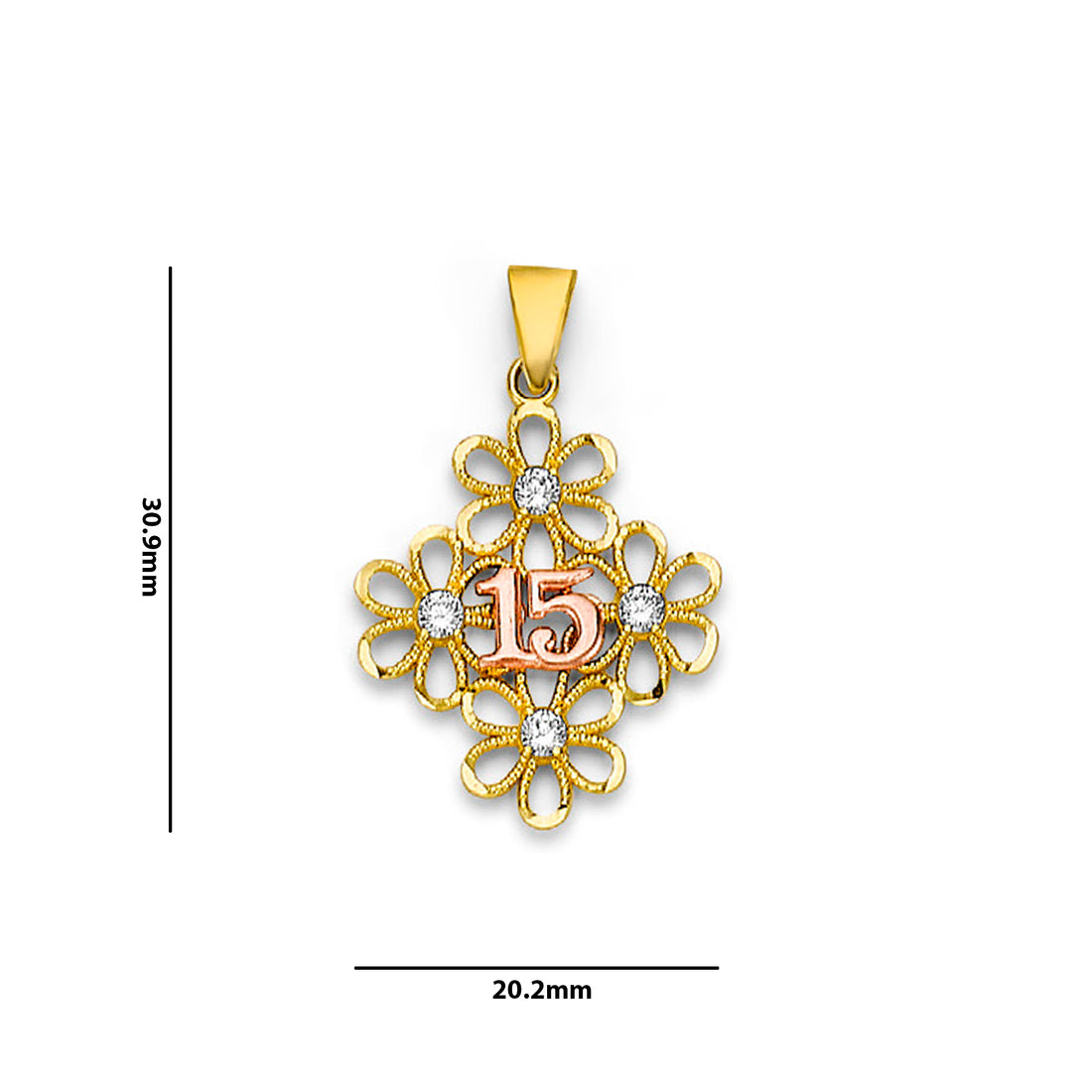 Two Tone Gold Floral Round CZ Quinceañera Pendant with Measurement