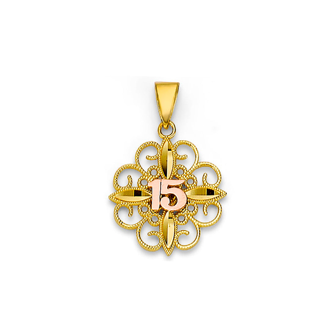 Two Tone Gold Fancy Shape Filigree Quinceañera Pendant