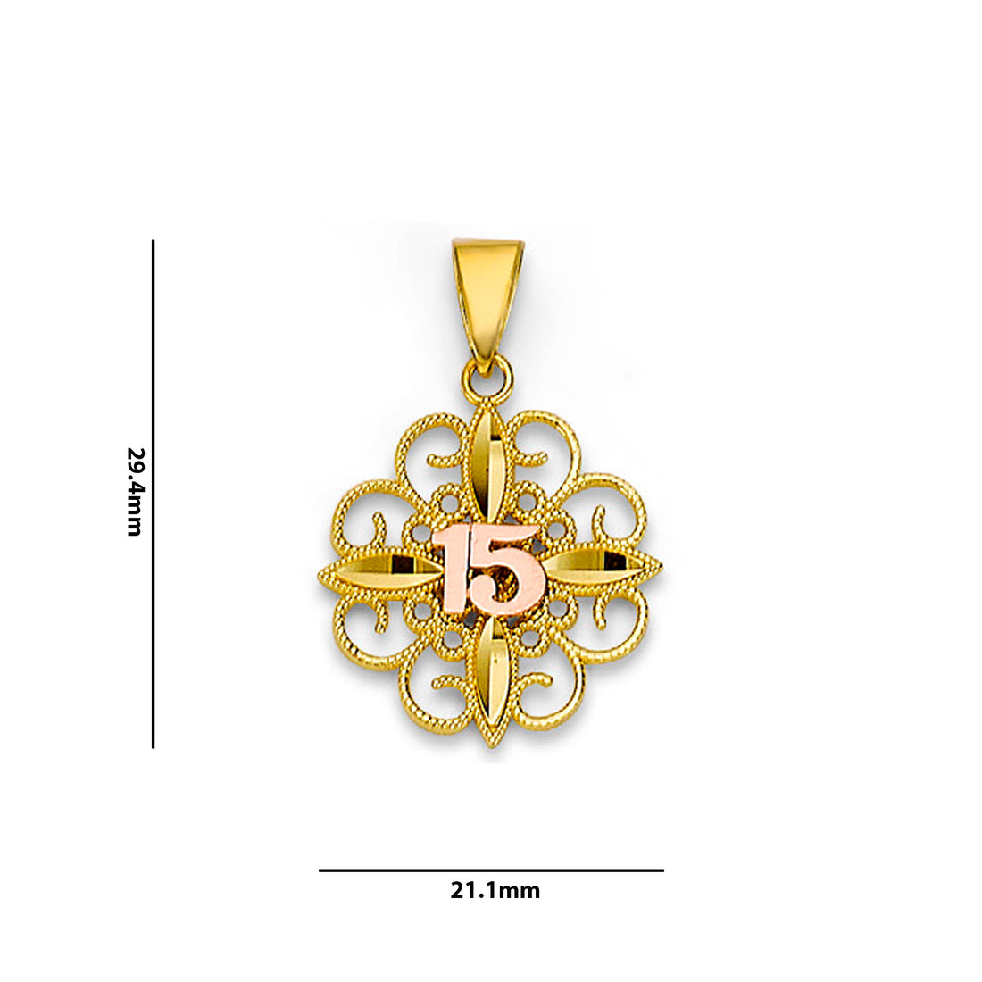 Two Tone Gold Fancy Shape Filigree Quinceañera Pendant with Measurement