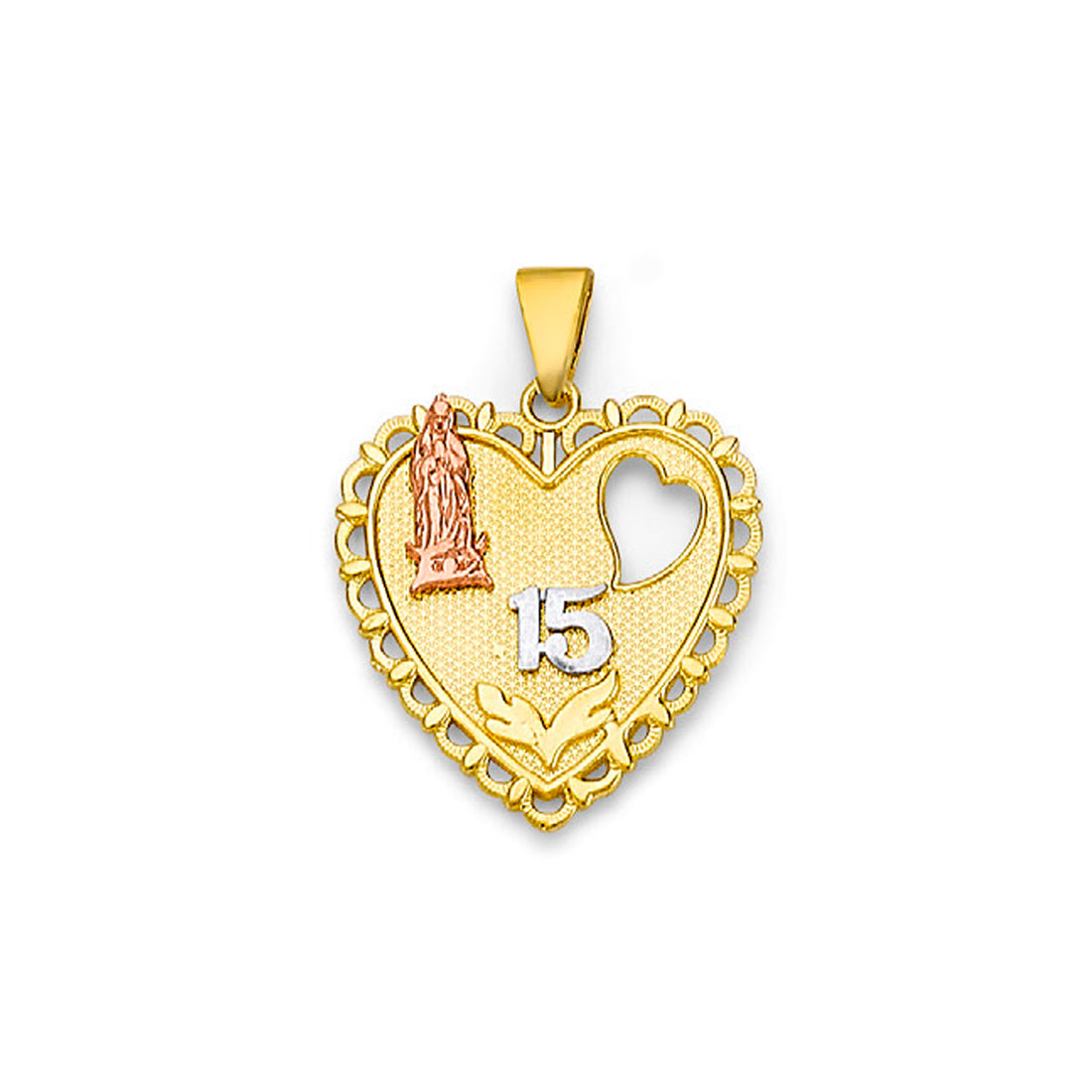 Two Tone Gold Virgin Mary Quinceañera Birthday Heart Shape Pendant