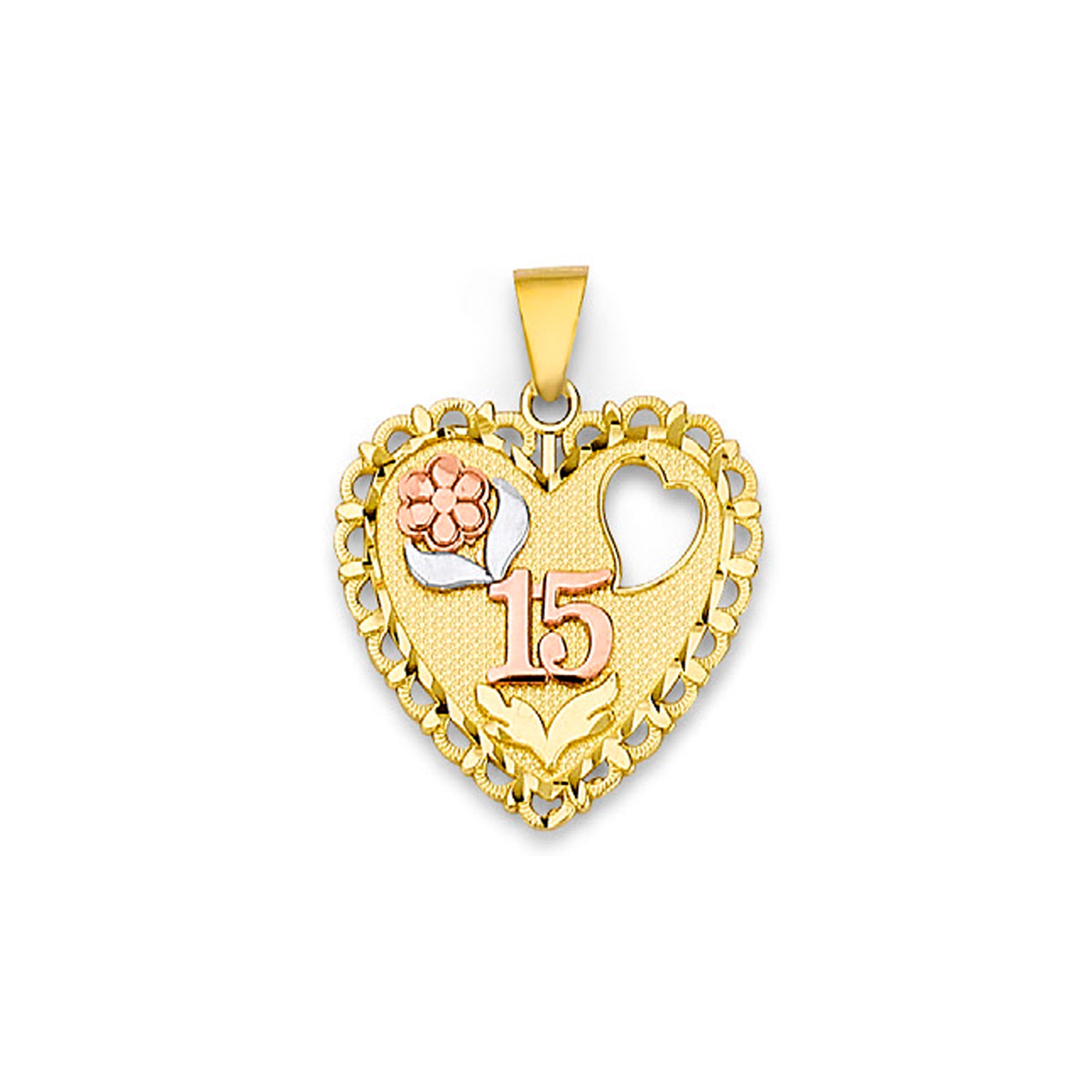 Tri Tone Gold Floral Quinceañera Heart Shape Pendant