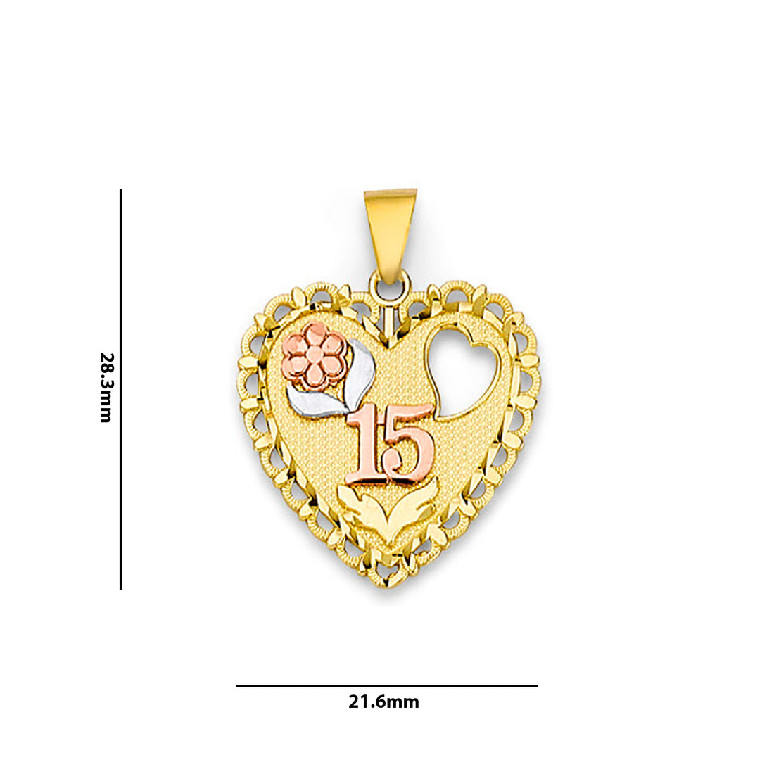 Tri Tone Gold Floral Quinceañera Heart Shape Pendant with Measurement