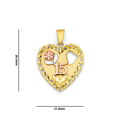 Tri Tone Gold Floral Quinceañera Heart Shape Pendant with Measurement