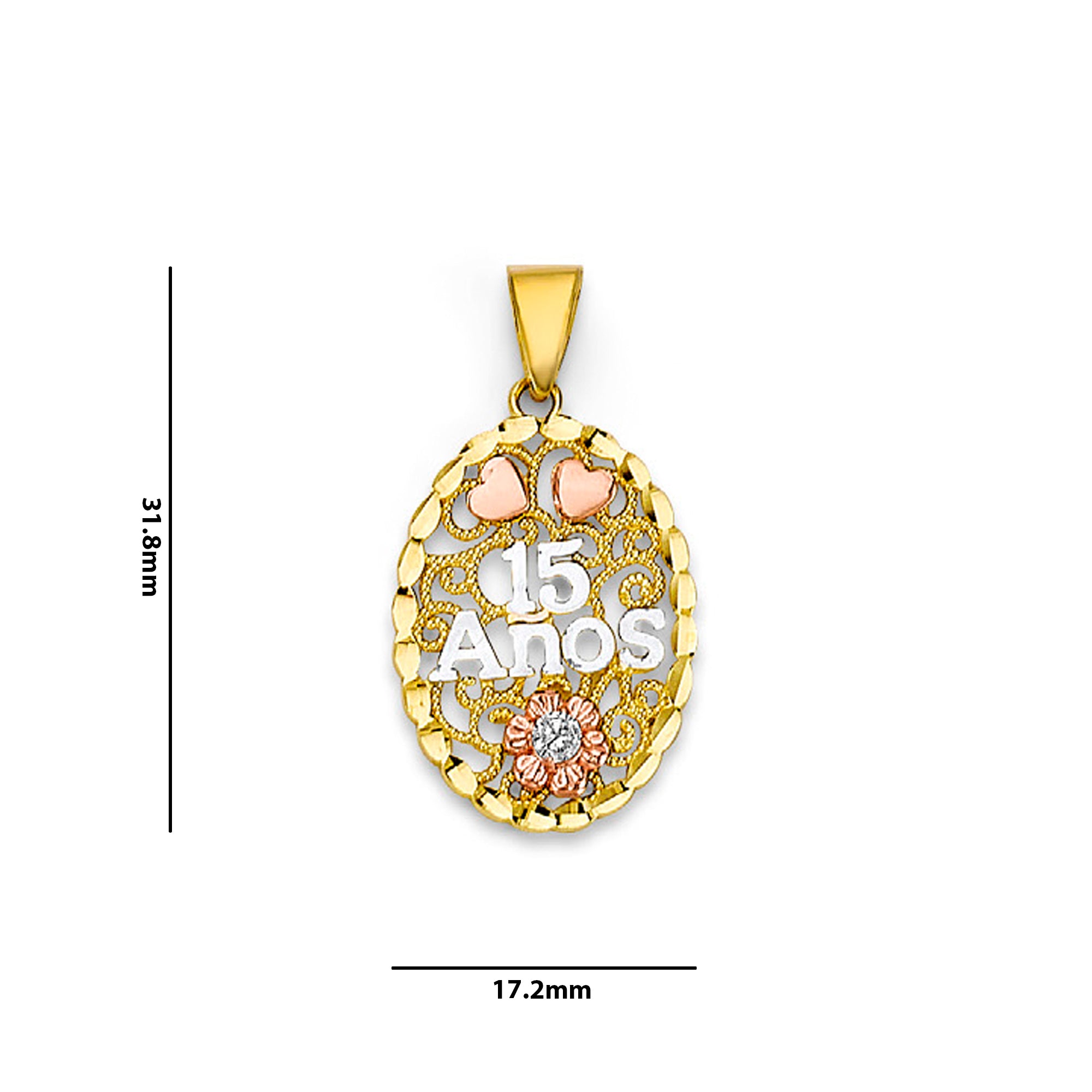 Tri Tone Gold Round CZ Heart Floral Quinceañera 15 Anos Heart Shape Pendant with Measurement