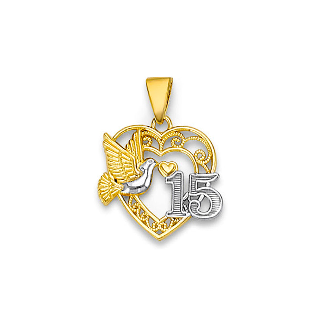 Two Tone Gold Filigree Quinceañera Birthday Open Heart Shape Pendant