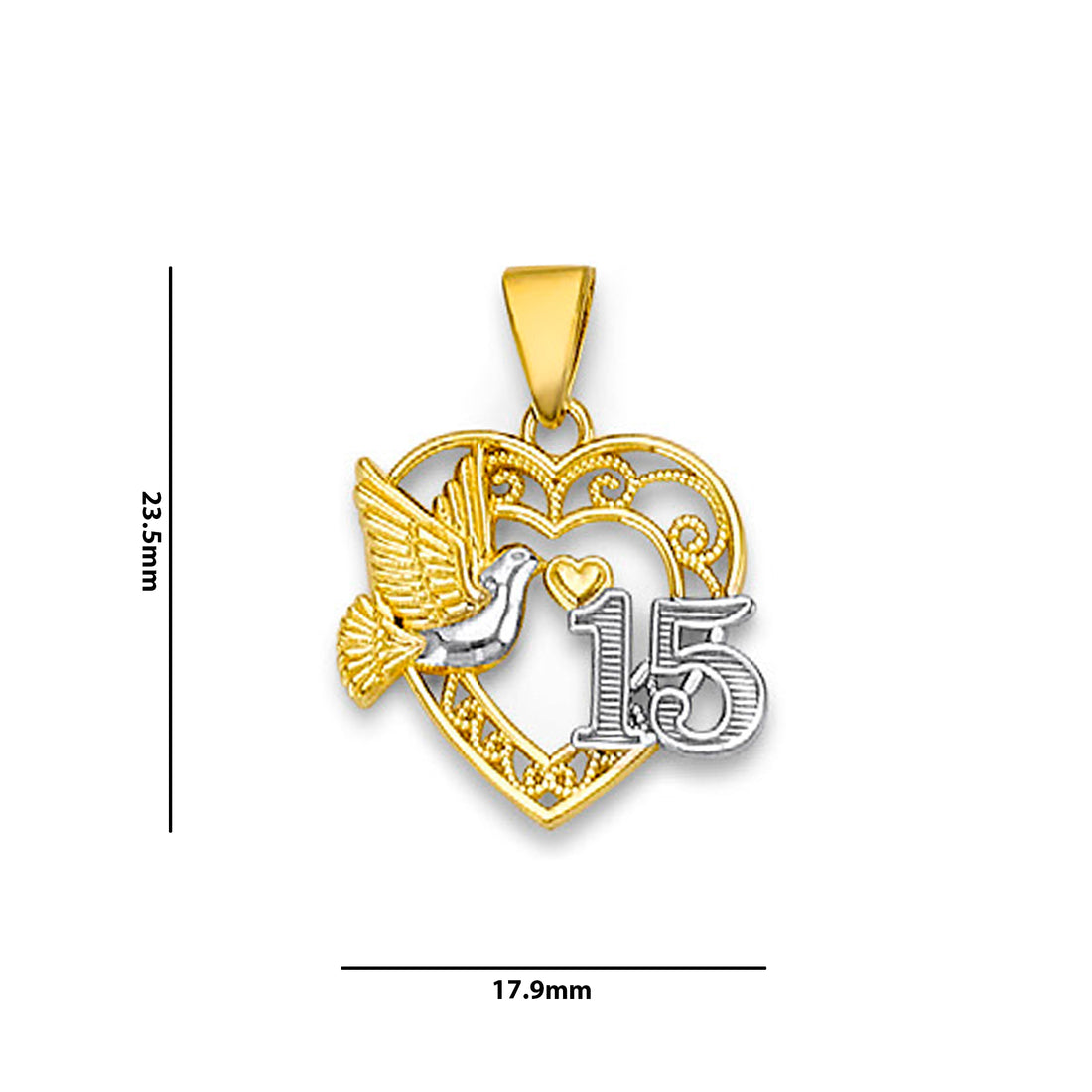 Two Tone Gold Filigree Quinceañera Birthday Open Heart Shape Pendant with Measurement