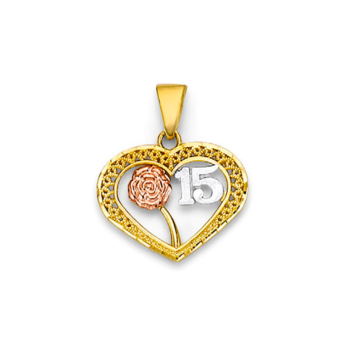 Tri Tone Gold Open Heart Shape Rose Floral Pendant