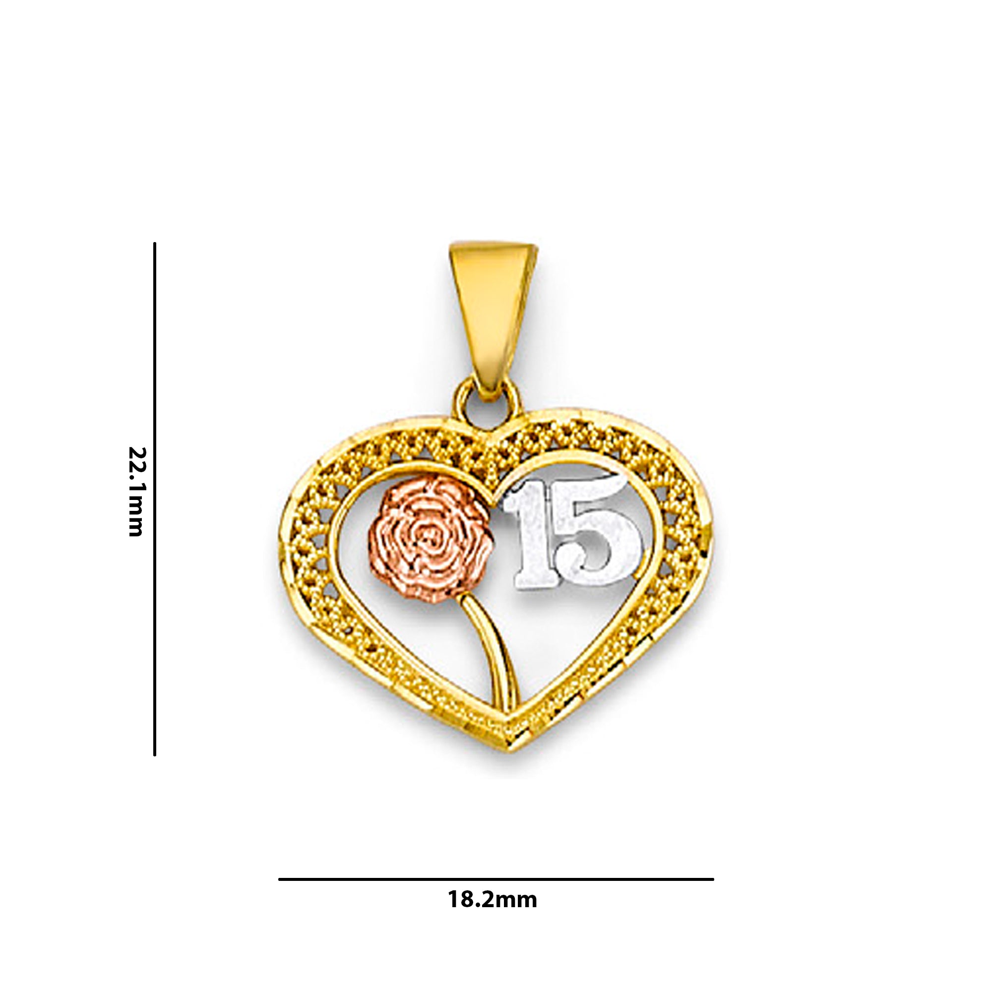 Tri Tone Gold Open Heart Shape Rose Floral Pendant with Measurement