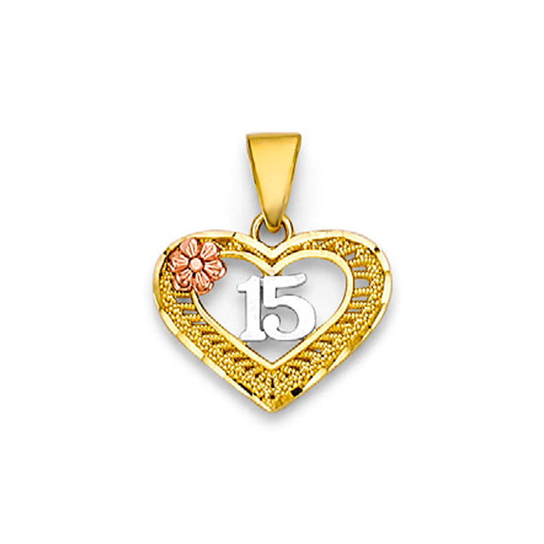 Tri Tone Gold Open Heart Shape Floral Pendant