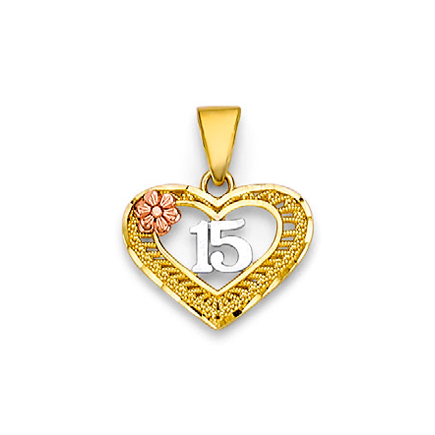 Tri Tone Gold Open Heart Shape Floral Pendant