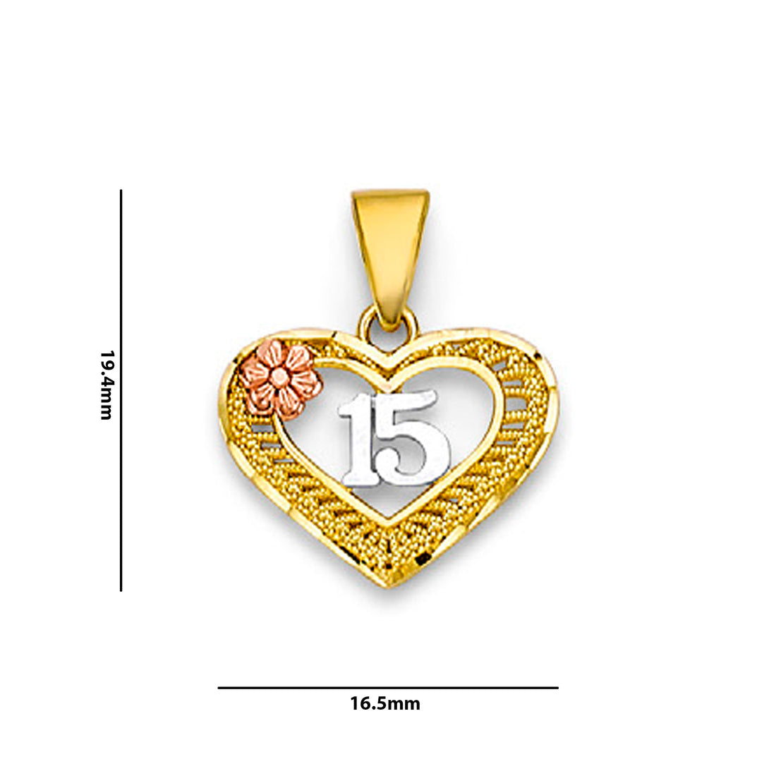 Tri Tone Gold Open Heart Shape Floral Pendant with Measurement