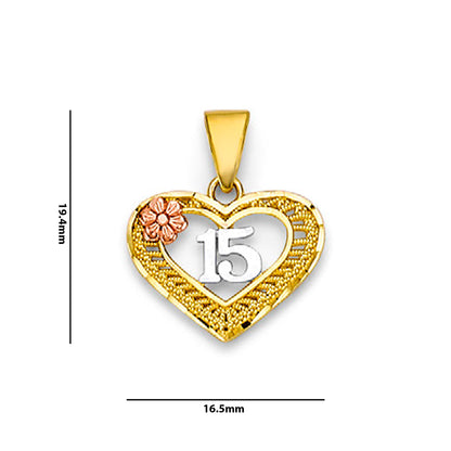 Tri Tone Gold Open Heart Shape Floral Pendant with Measurement