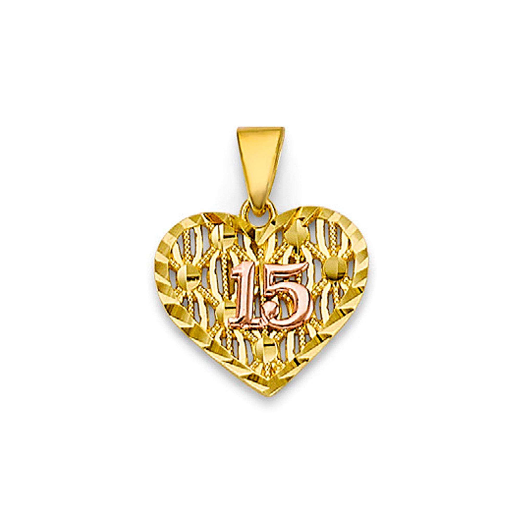 Two Tone Gold Criss Cross Quinceañera 15 Heart Shape Pendant 