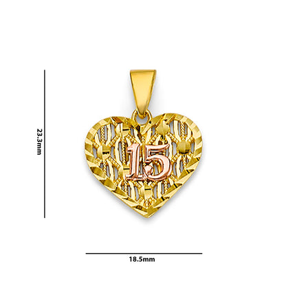 Two Tone Gold Criss Cross Quinceañera 15 Heart Shape Pendant  with Measurement