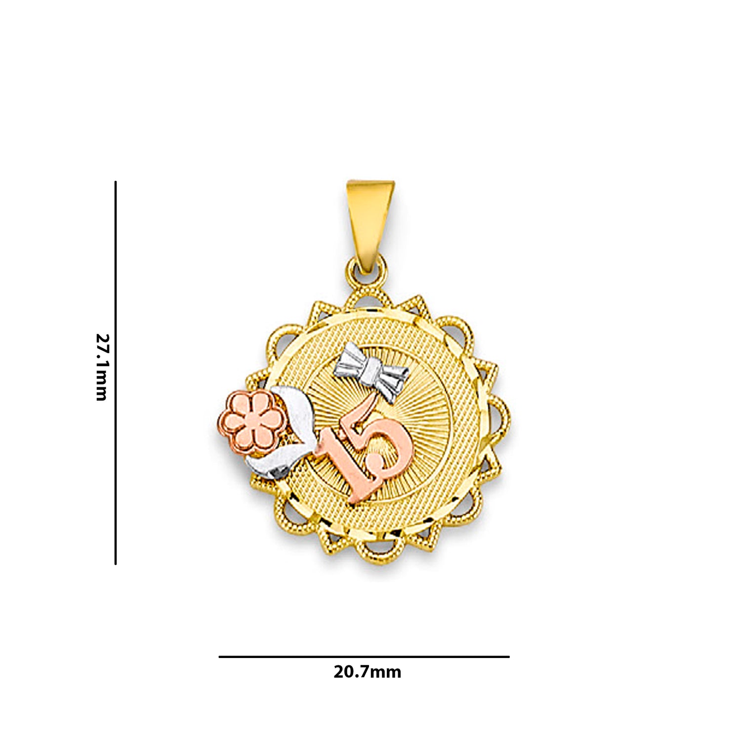 Tri Tone Gold Scalloped and Triangle Halo Edge Circular Quinceañera Pendant  with Measurement