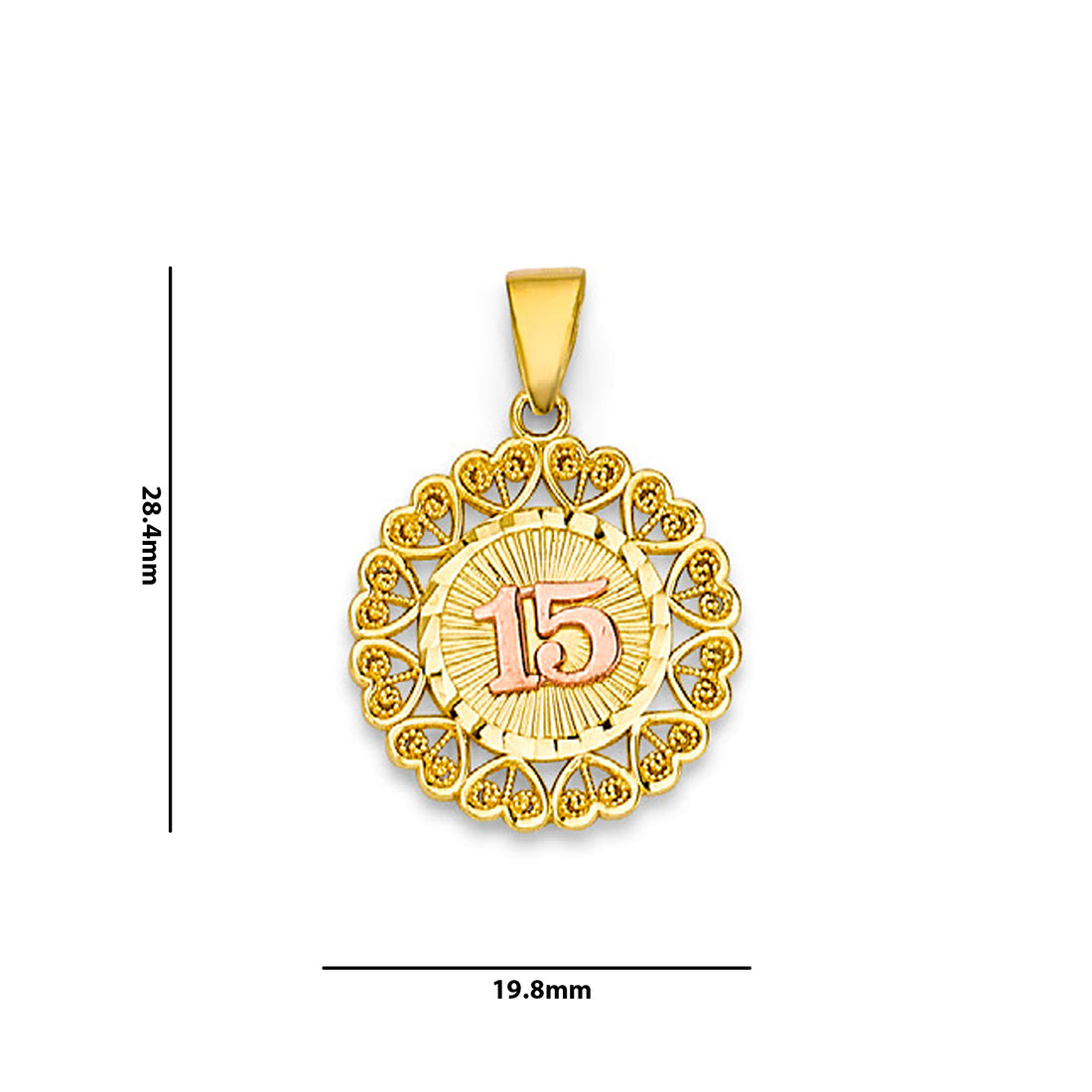 Two Tone Gold Heart Halo Circular 15th Birthday Pendant with Measurement