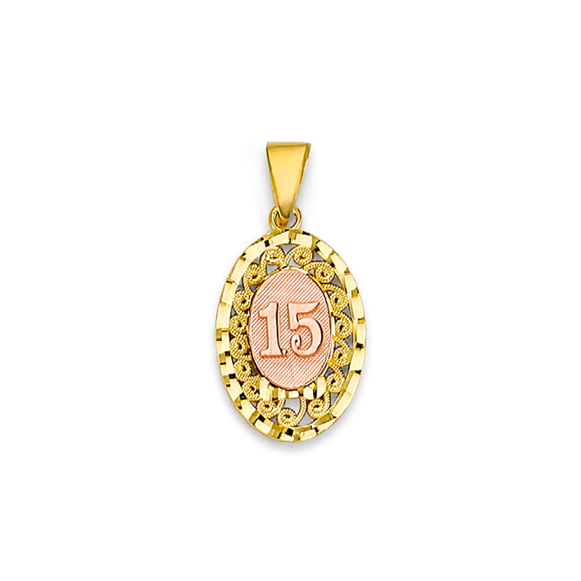 Two Tone Gold Fancy Design Oval Halo 15th Birthday Pendant