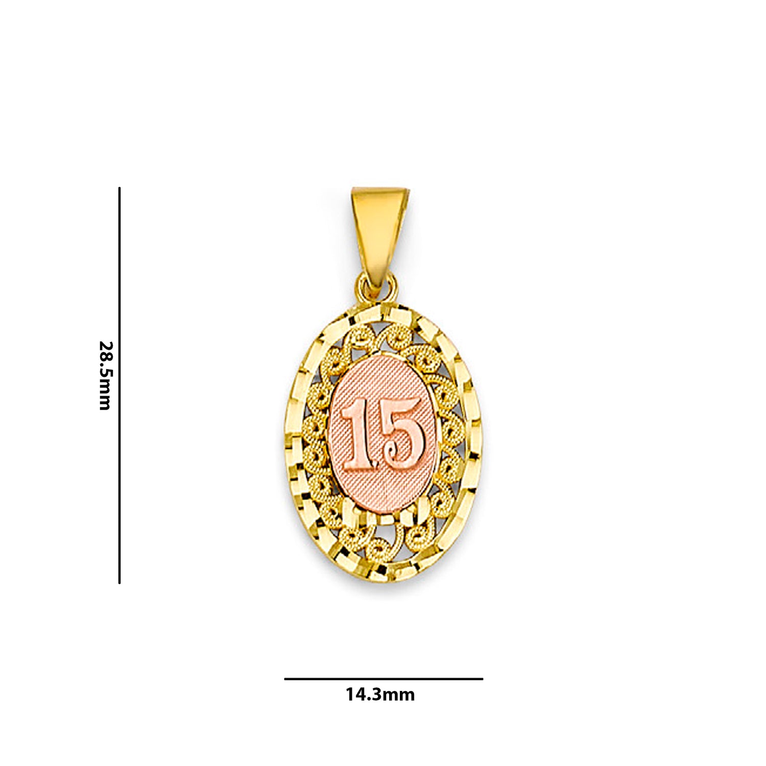 Two Tone Gold Fancy Design Oval Halo 15th Birthday Pendant with Measurement