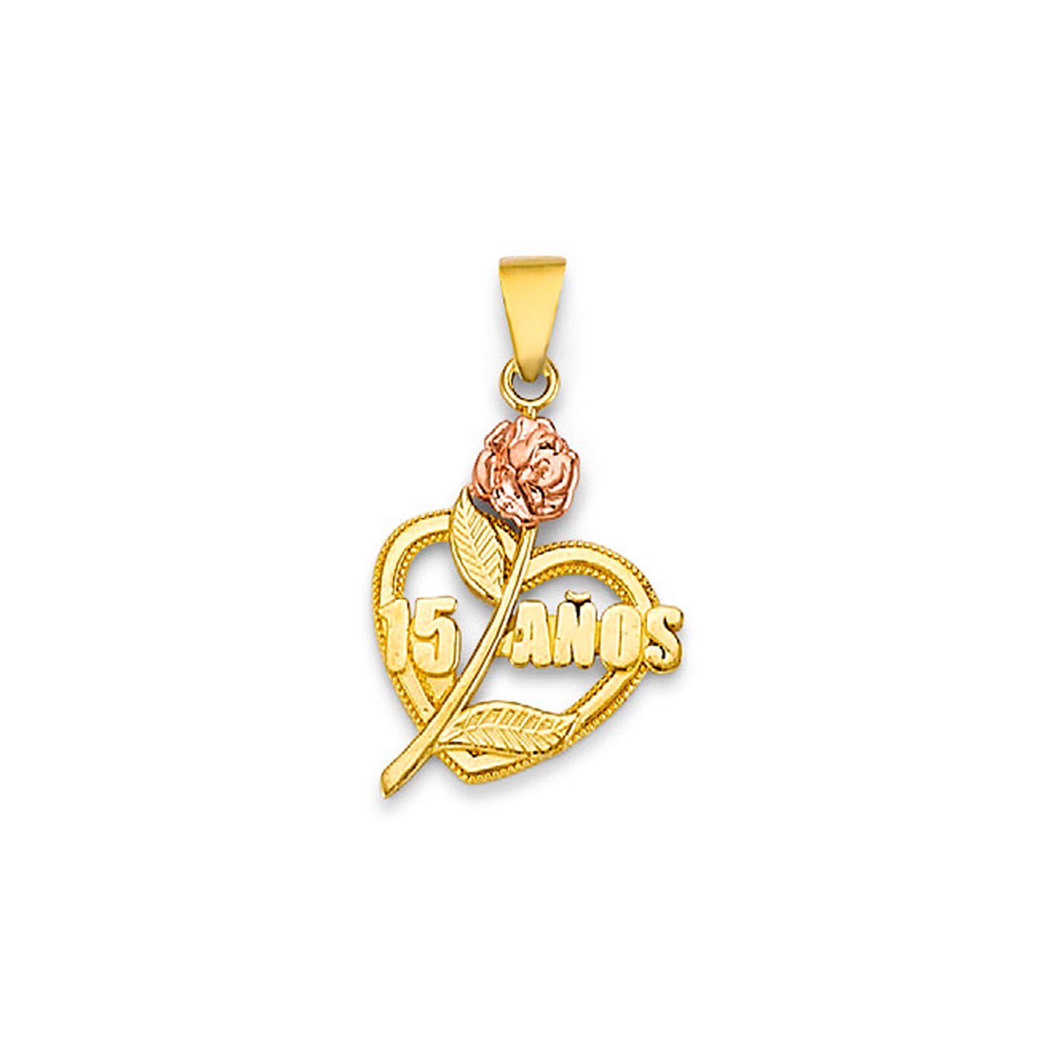 Two Tone Gold Rose and Heart 15 Anos Quinceañera Pendant 