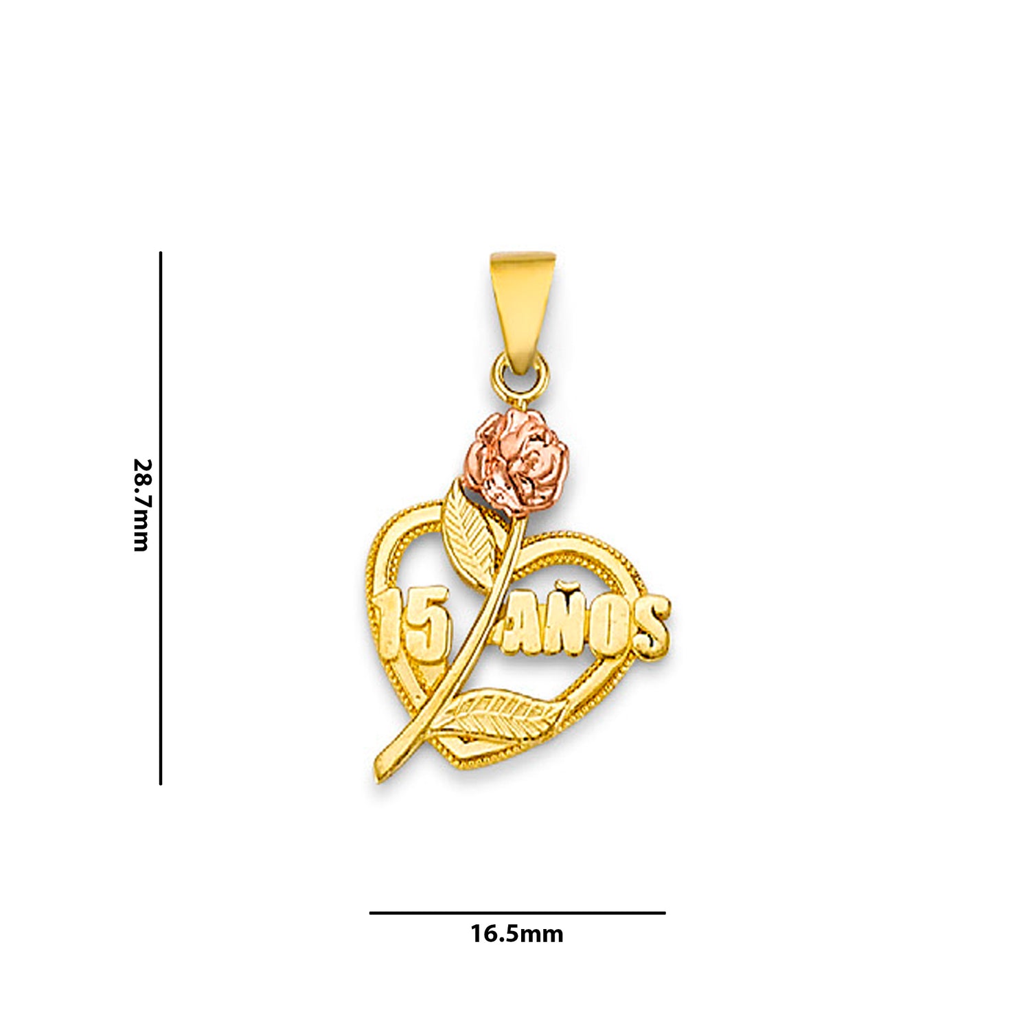 Two Tone Gold Rose and Heart 15 Anos Quinceañera Pendant  with Measurement
