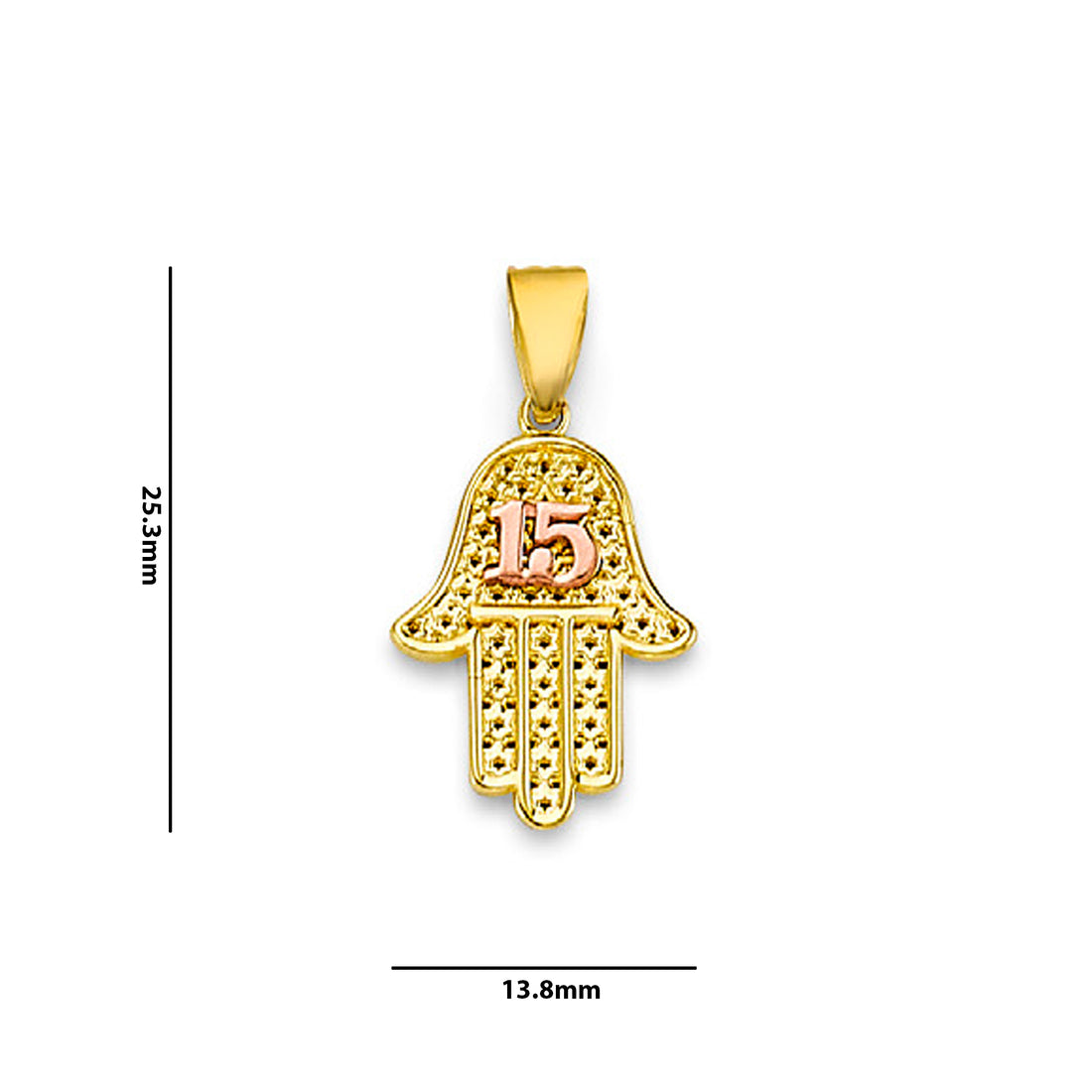 Two Tone Gold Hamsa Palm 15th Birthday Pendant  with Measurement